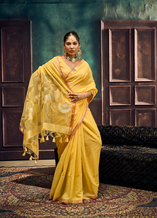 Pastel Yellow Munga Silk Ready To Wear/Easy Saree by Stylebypanaash