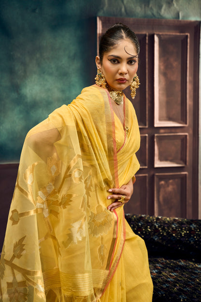 Pastel Yellow Munga Silk Ready To Wear/Easy Saree by Stylebypanaash