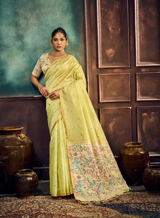 Lime green ready-to-wear Banarasi silk saree with floral multicolor border, short sleeves