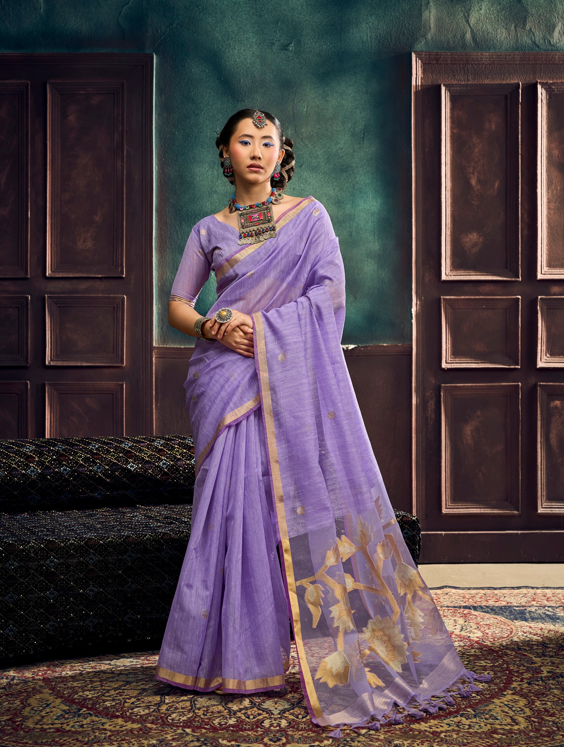 Lavender Munga Silk Ready To Wear/Easy Saree by Stylepanaash