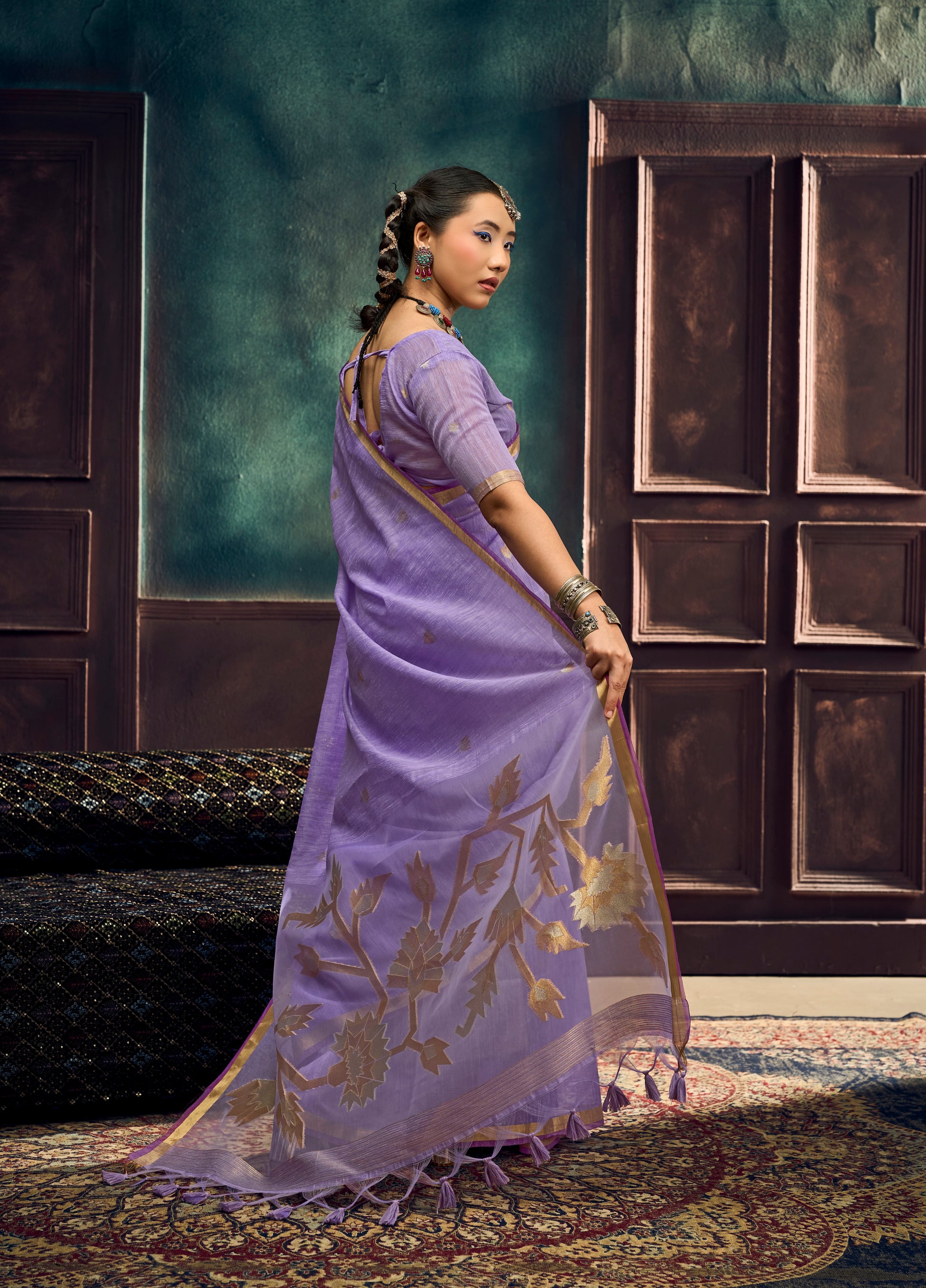 Lavender Munga Silk Ready To Wear/Easy Saree by Stylepanaash