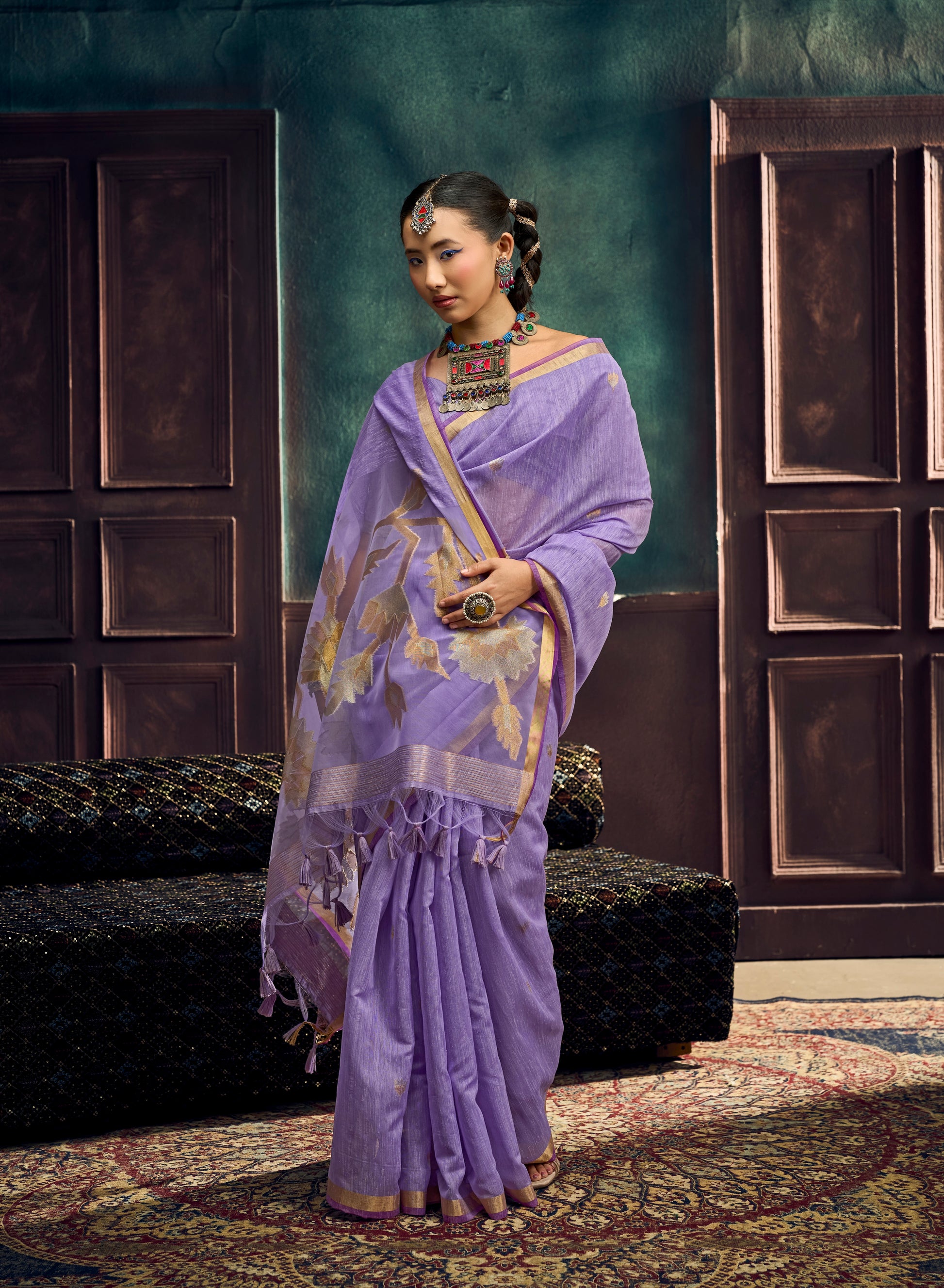 Lavender Munga Silk Ready To Wear/Easy Saree by Stylepanaash