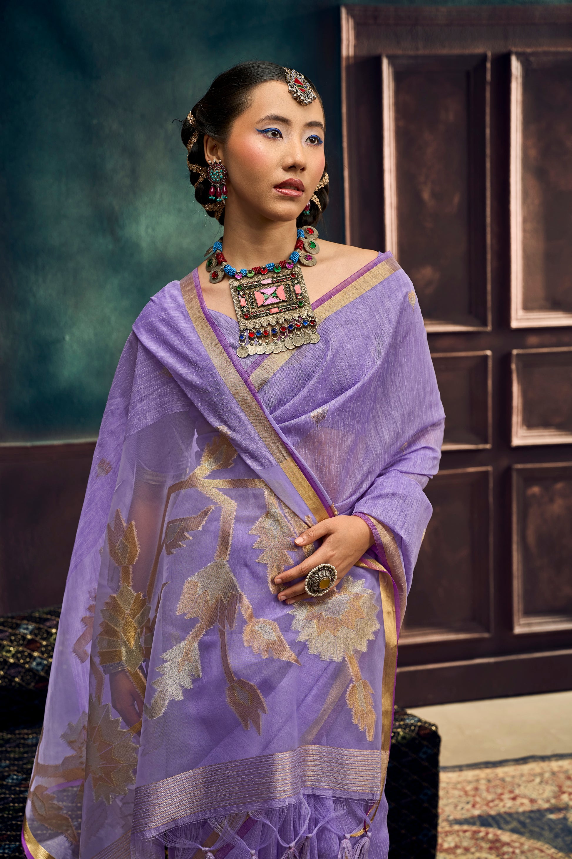Lavender Munga Silk Ready To Wear/Easy Saree by Stylepanaash
