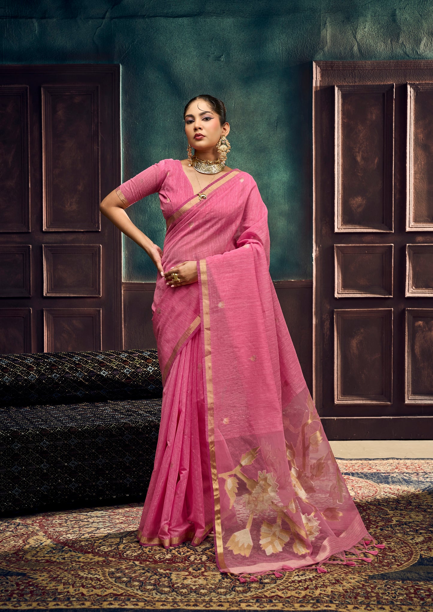 Pink Munga Silk Ready To Wear/Easy Saree by Stylebypaaah