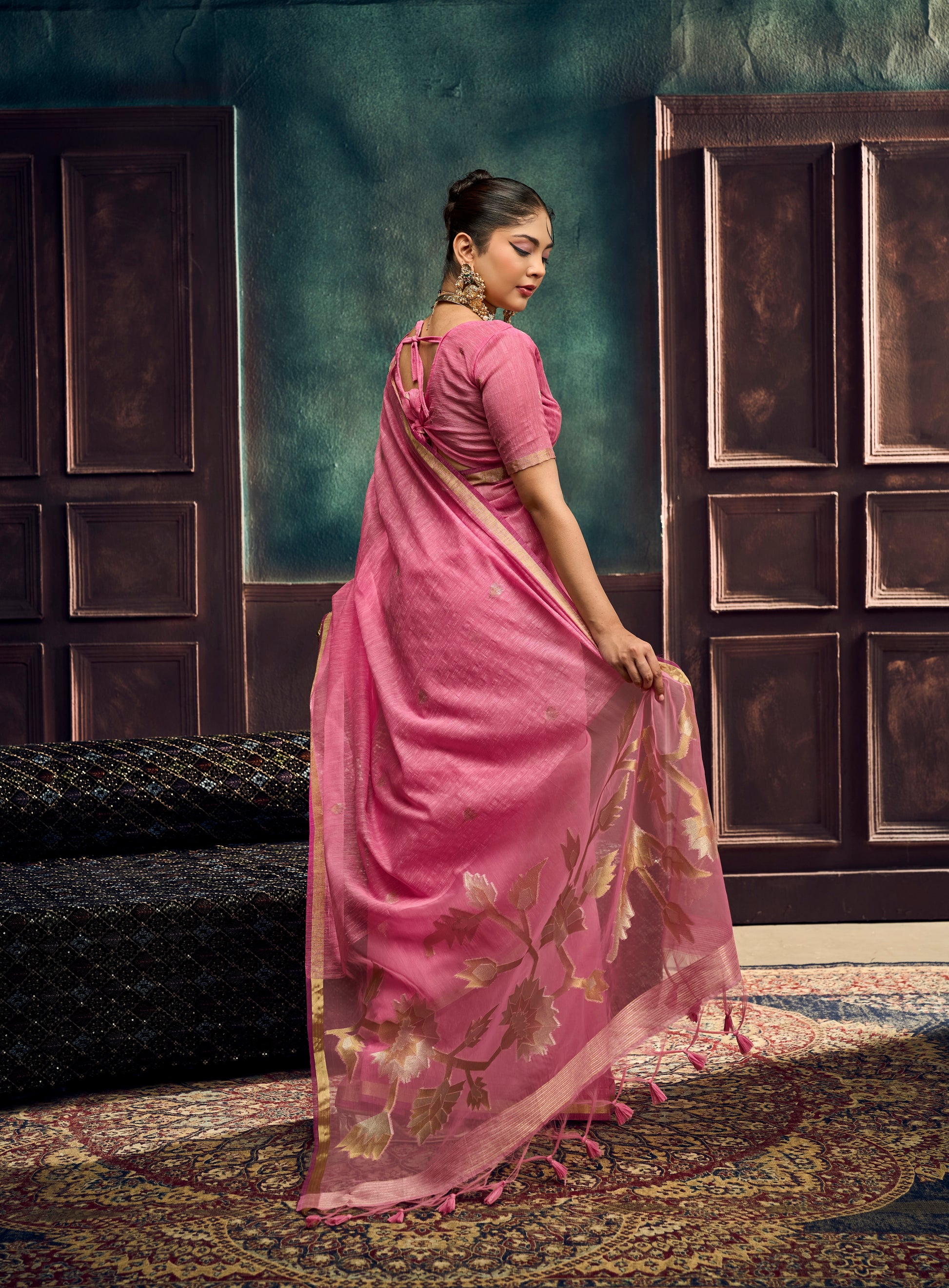 Pink Munga Silk Ready To Wear/Easy Saree by Stylebypaaah