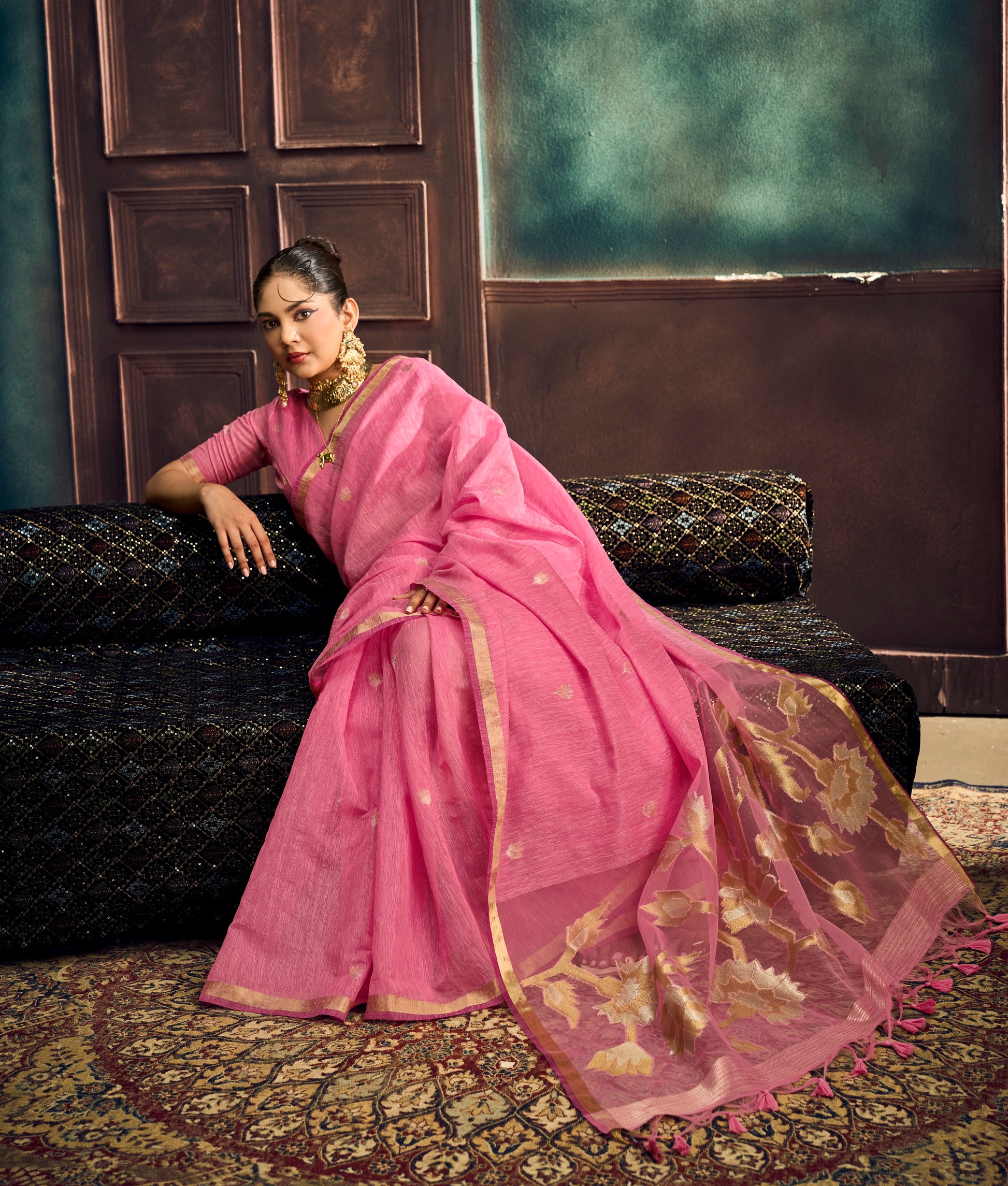 Pink Munga Silk Ready To Wear/Easy Saree by Stylebypaaah