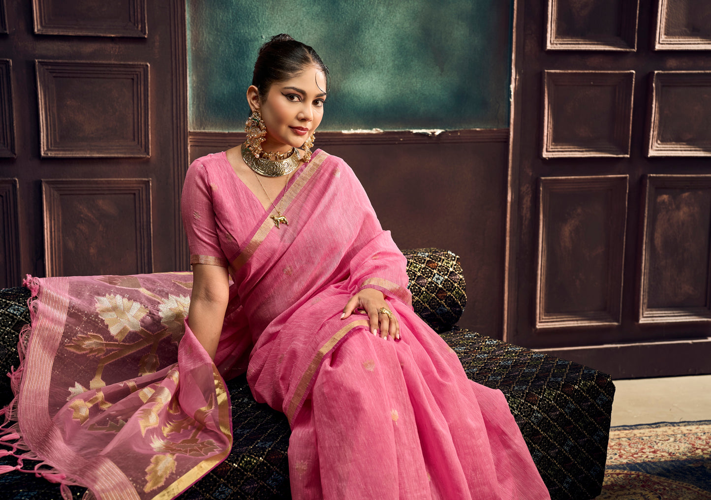Pink Munga Silk Ready To Wear/Easy Saree by Stylebypaaah