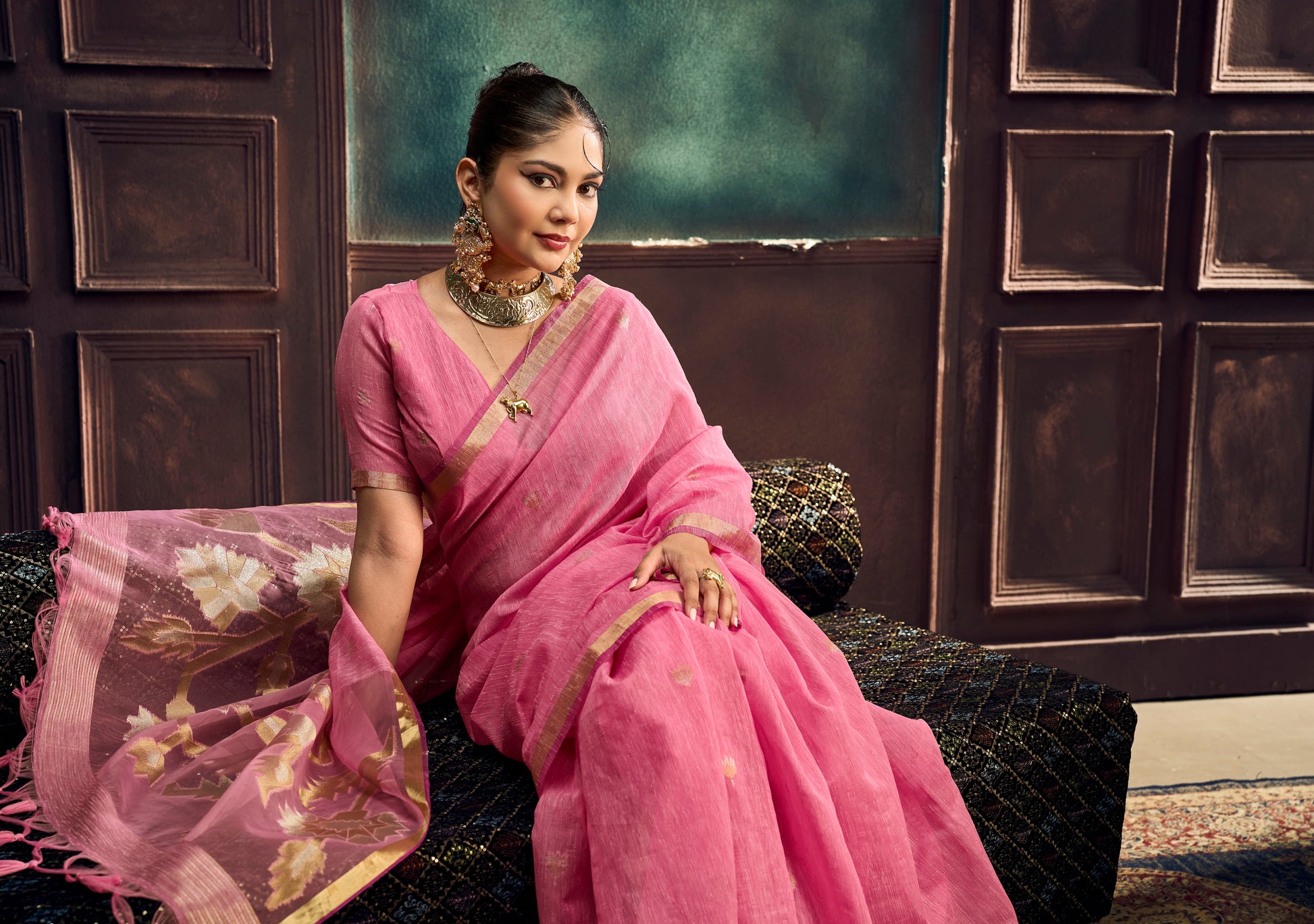 Pink Munga Silk Ready To Wear/Easy Saree by Stylebypaaah