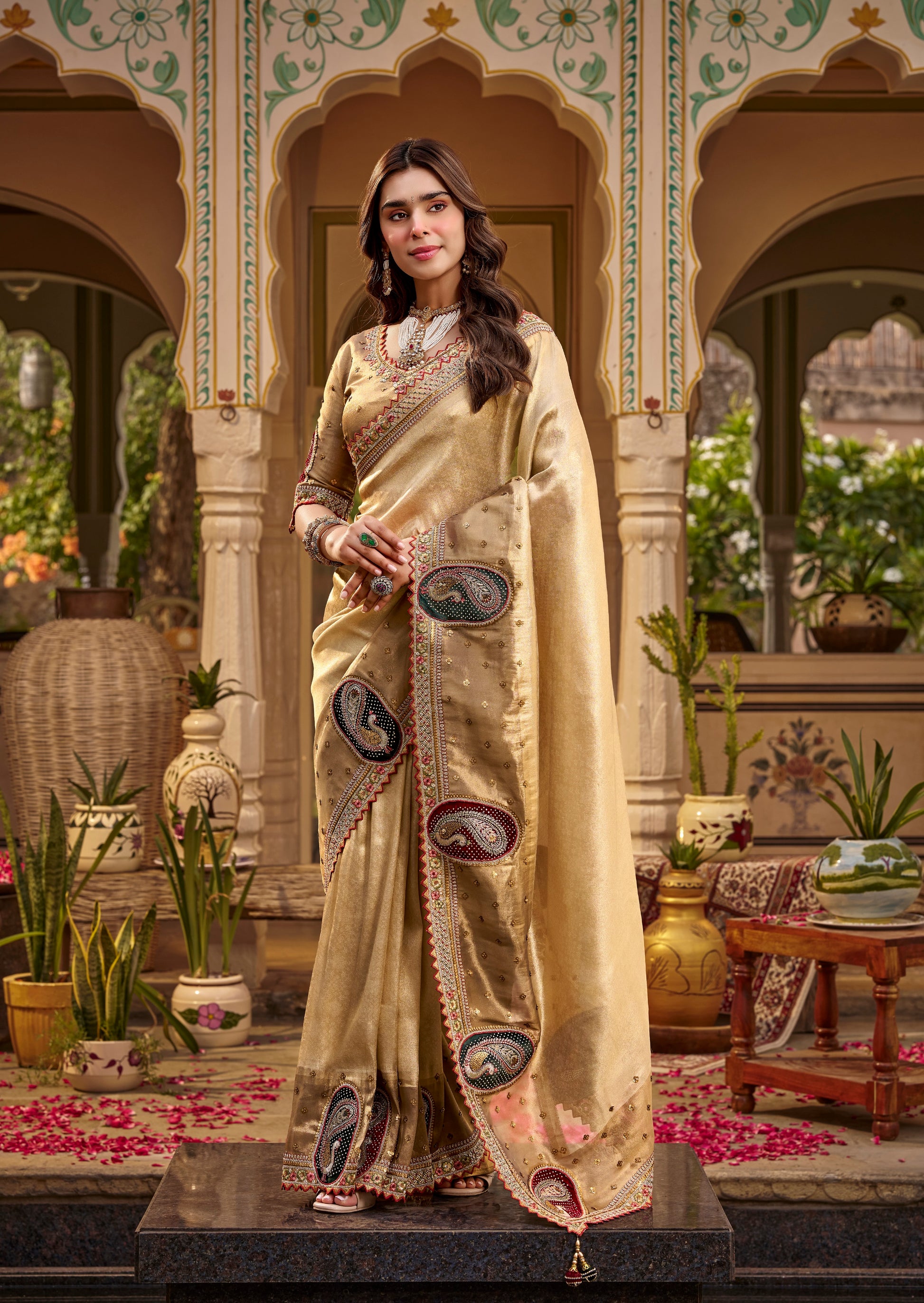 Champagne Gold Designer Saree With Stitched Blouse by Stylebypanaash