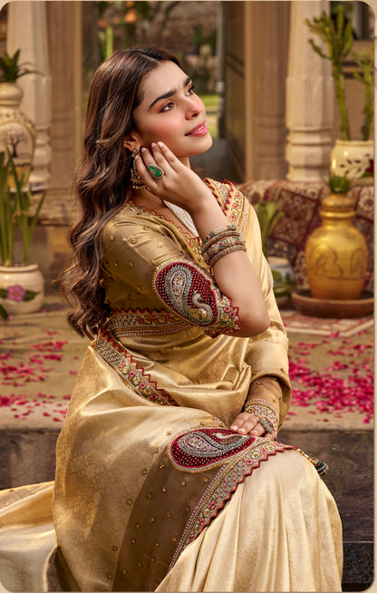 Champagne Gold Designer Saree With Stitched Blouse by Stylebypanaash