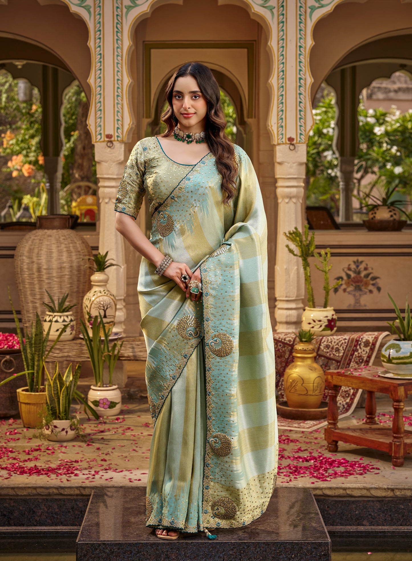 Pastel Mint Green Designer Saree With Stitched Blouse by Stylebbypanaash