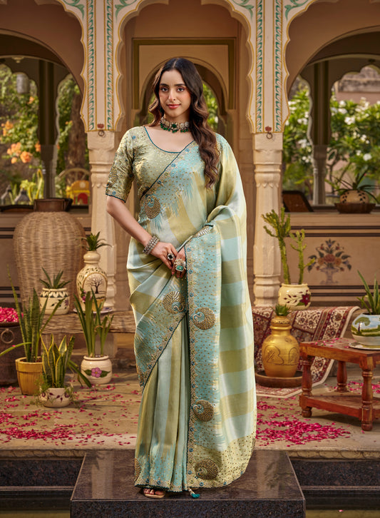 Pastel Mint Green Designer Ready To Wear Saree With Pre-Stitched Blouse by Stylebypanaash