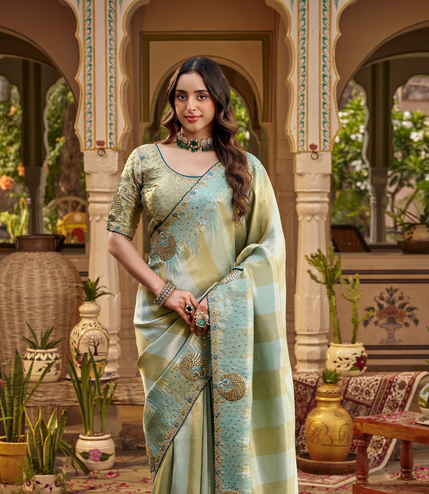 Pastel Mint Green Designer Saree With Stitched Blouse by Stylebbypanaash