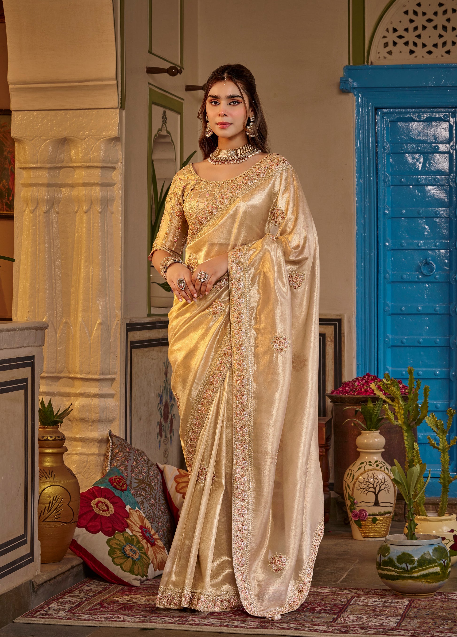 Golden Beige Designer Saree With Stitched Blouse by Stylebypanaash