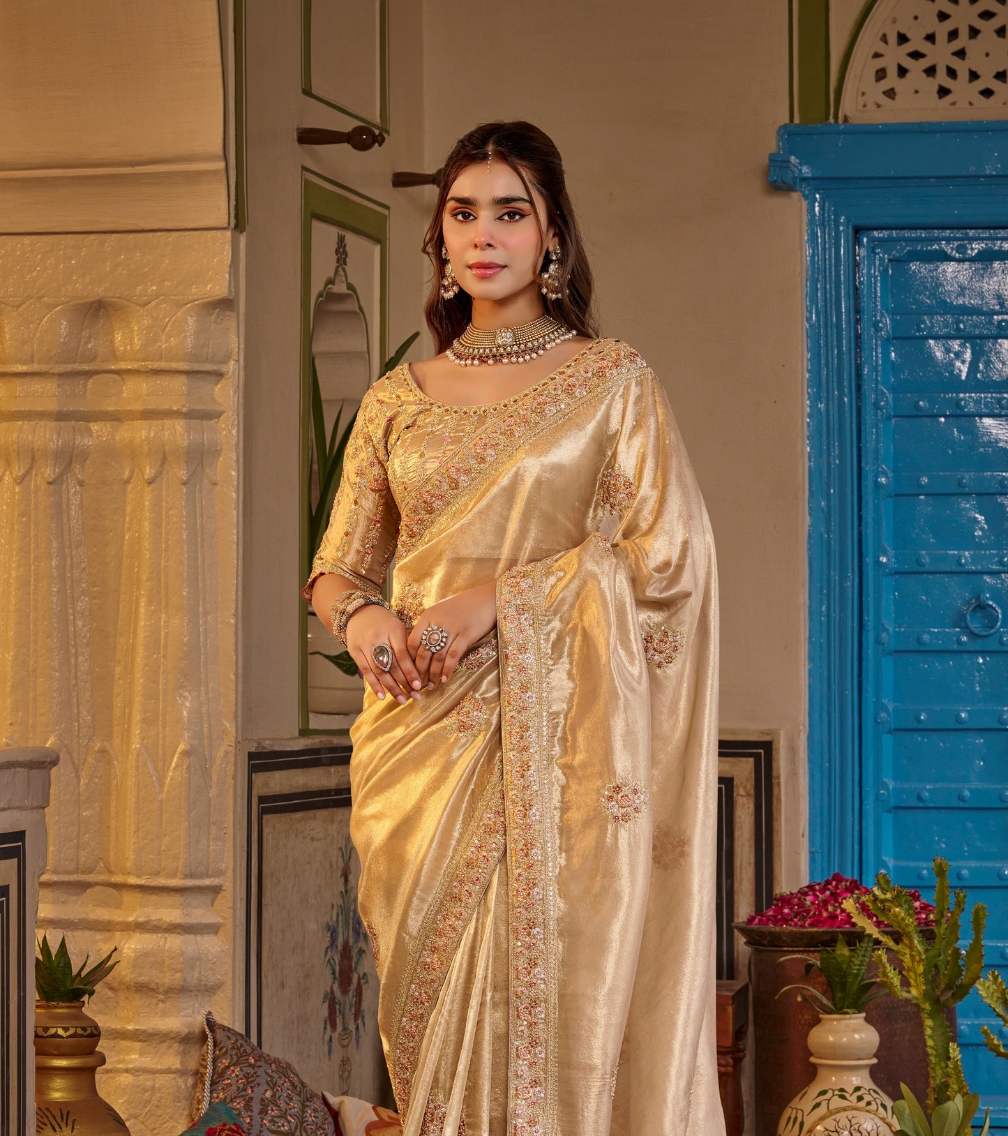 Golden Beige Designer Saree With Stitched Blouse by Stylebypanaash