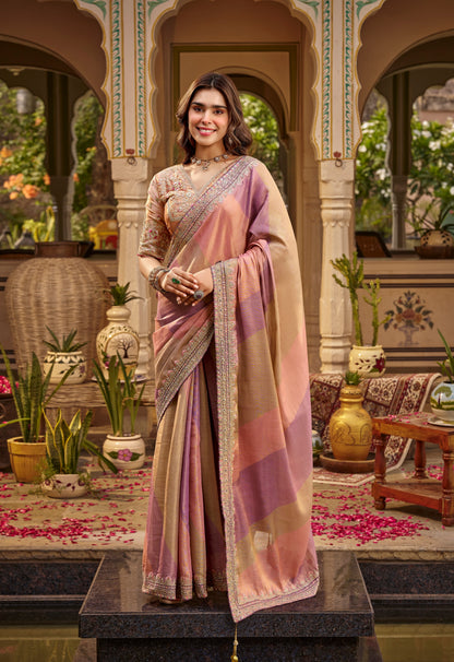 Peach Mauve Designer Saree With Stitched Blouse by Stylebypanaash