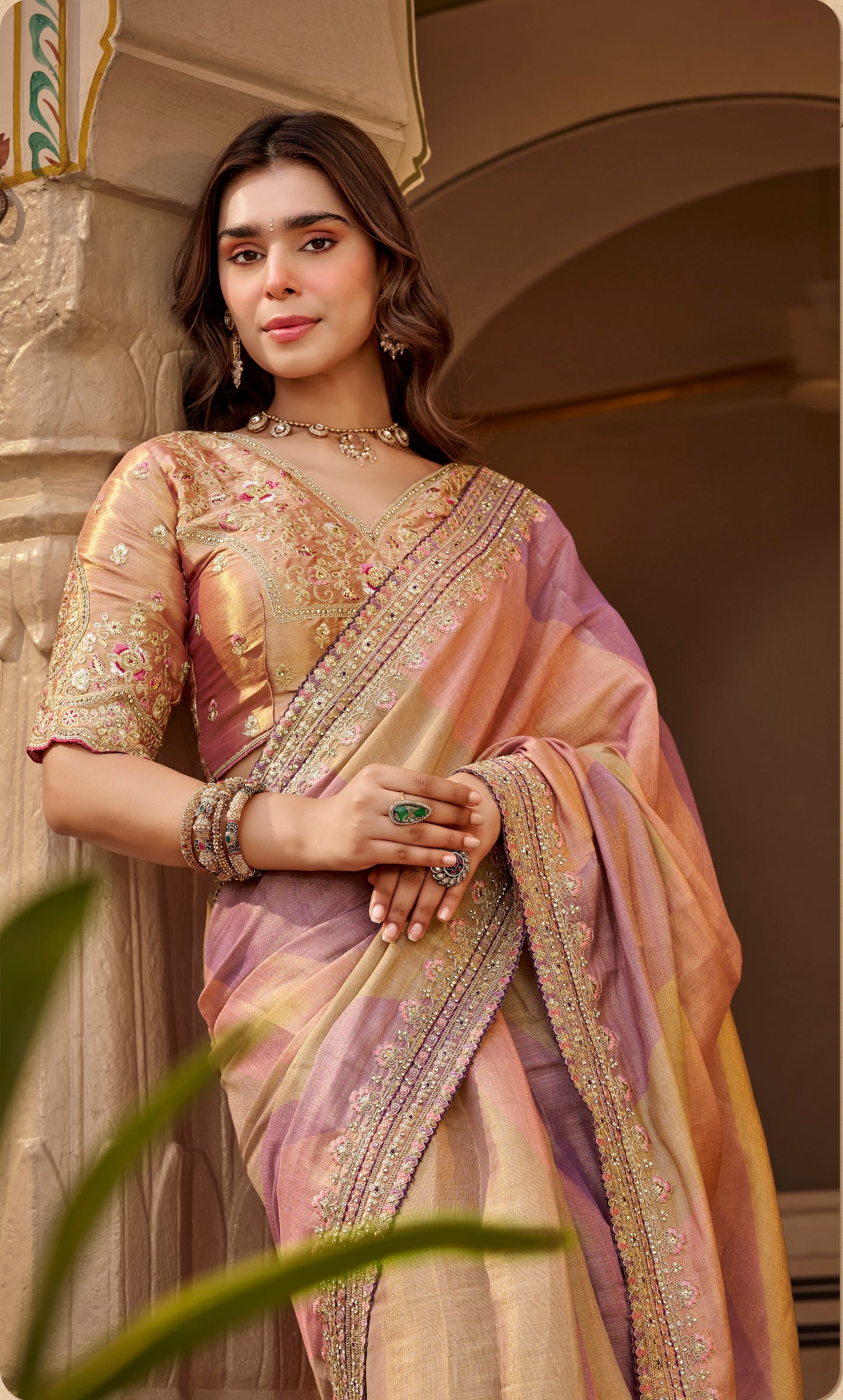 Peach Mauve Designer Saree With Stitched Blouse by Stylebypanaash