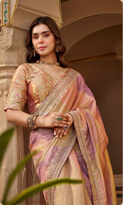 Peach Mauve Designer Saree With Stitched Blouse by Stylebypanaash