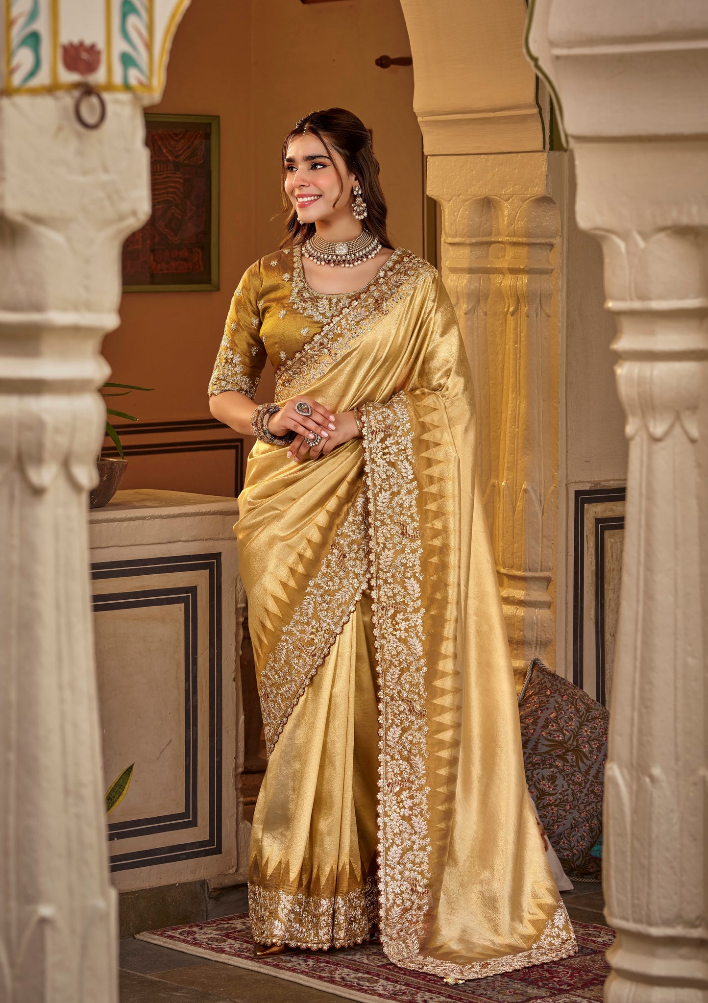 Mustard Gold Designer Saree With Stitched Blouse by Stylebypanaash