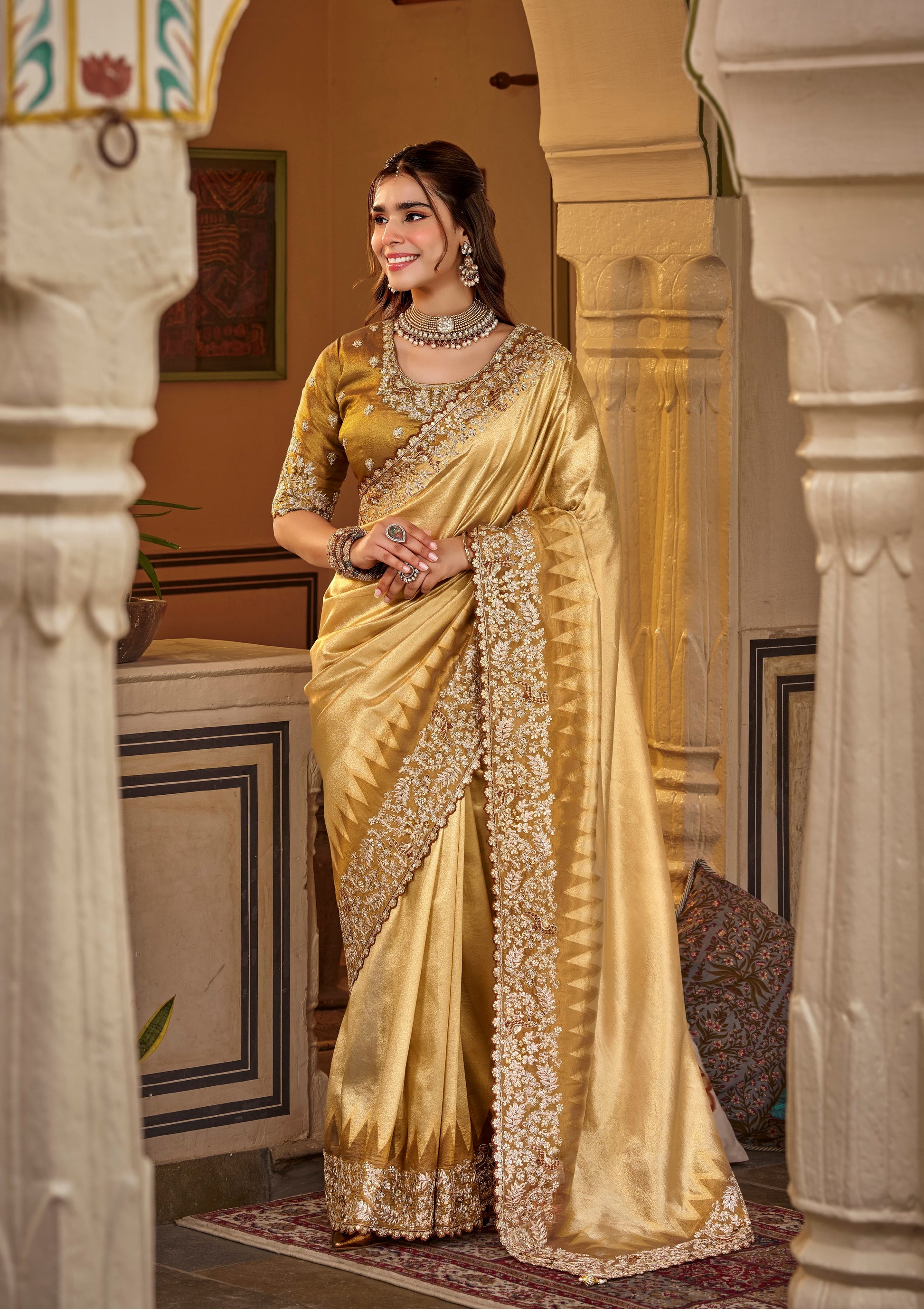 Mustard Gold Designer Saree With Stitched Blouse by Stylebypanaash