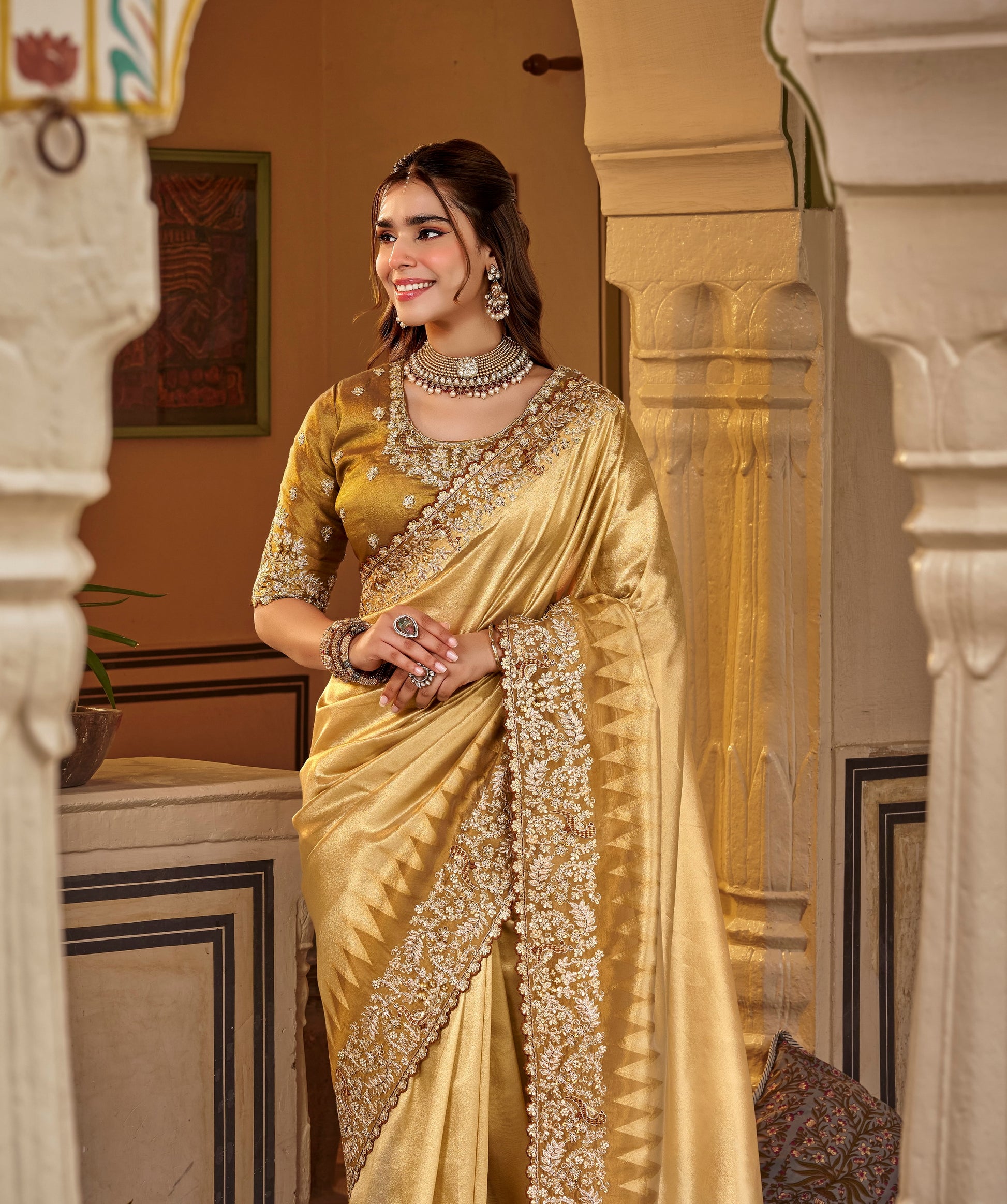Mustard Gold Designer Saree With Stitched Blouse by Stylebypanaash