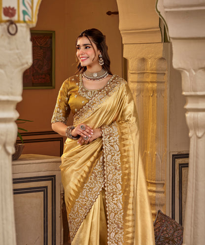 Mustard Gold Designer Saree With Stitched Blouse by Stylebypanaash