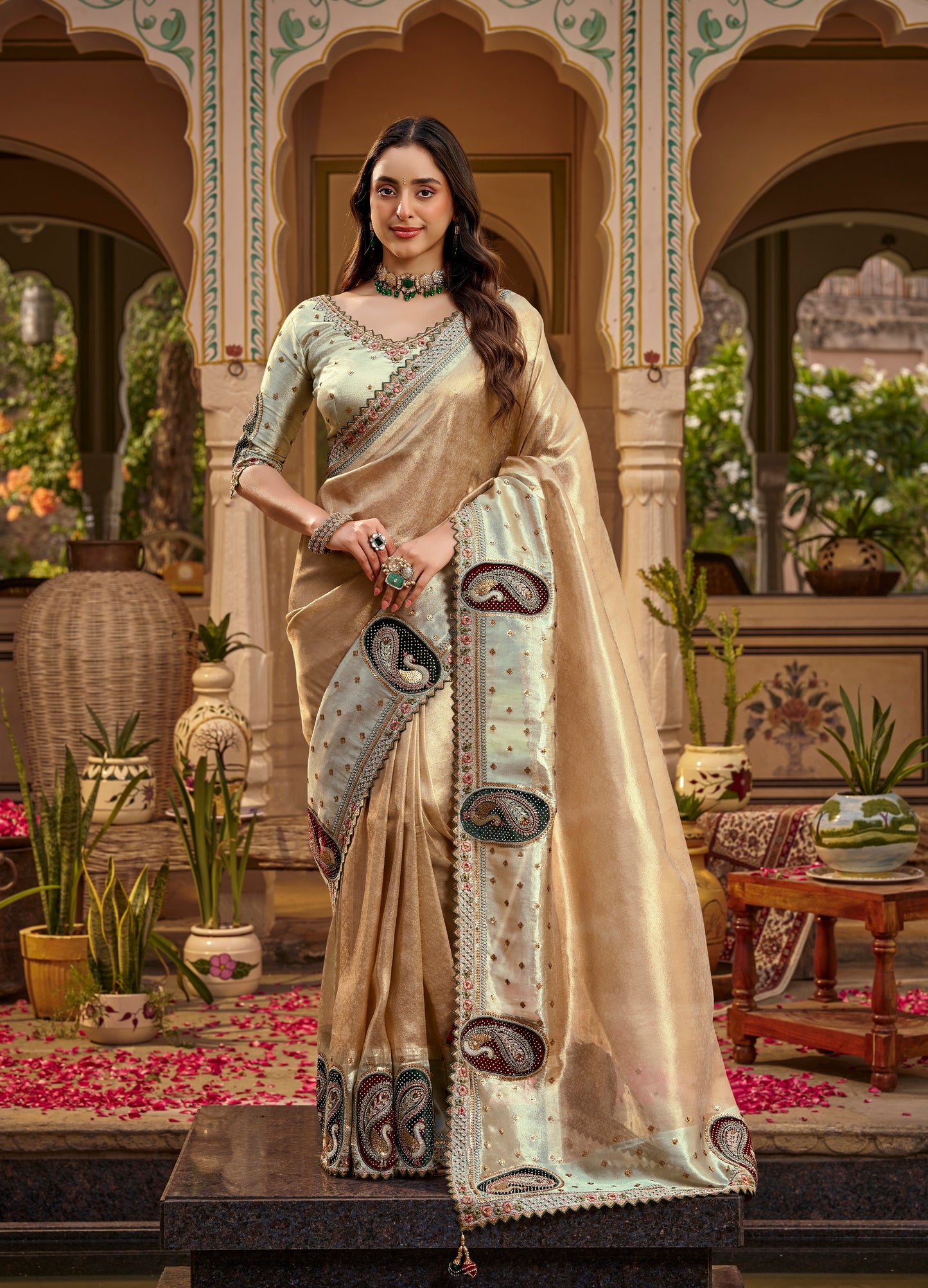 Light Beige & Pista Designer Saree With Stitched Blouse by Stylebypanaash