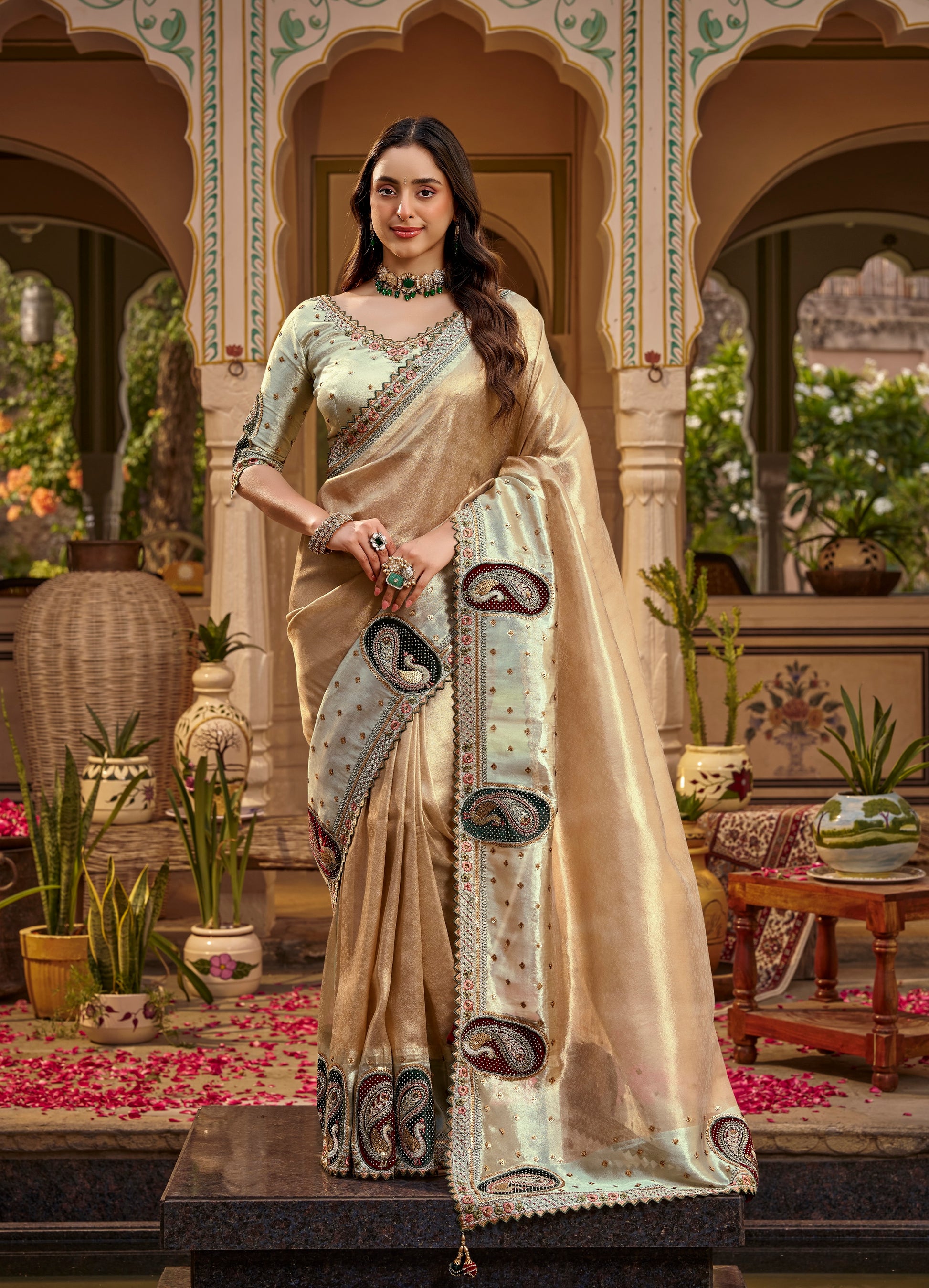 Light Beige & Pista Designer Saree With Stitched Blouse by Stylebypanaash