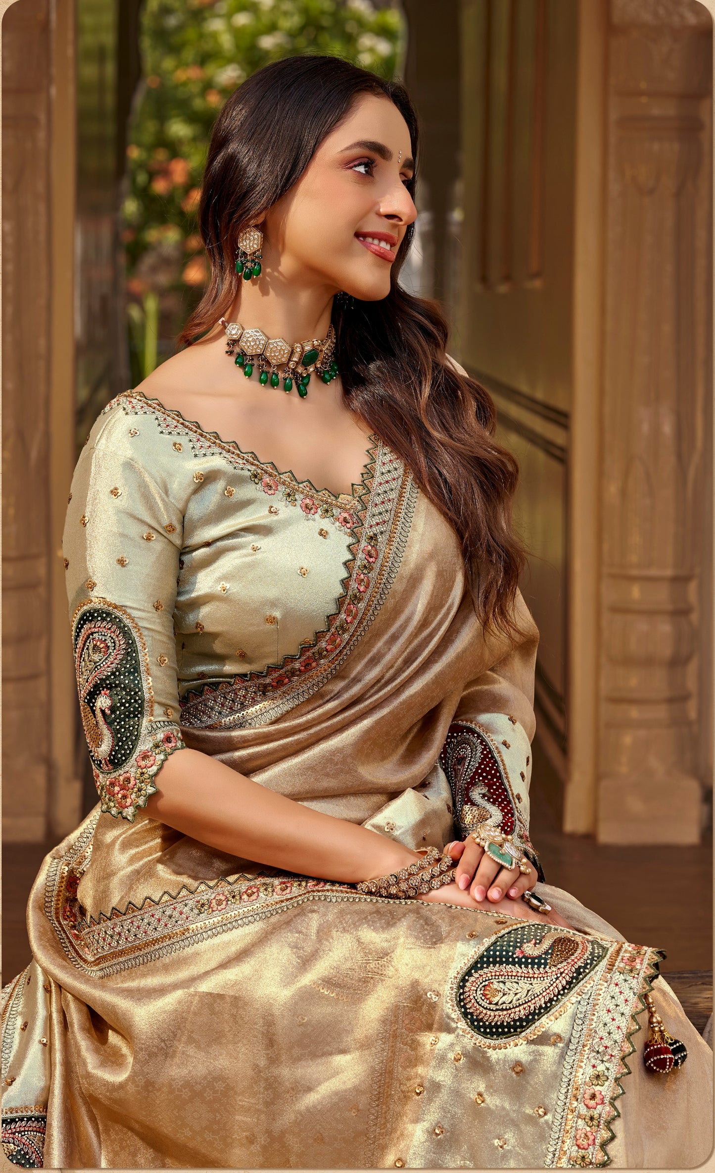 Light Beige & Pista Designer Saree With Stitched Blouse by Stylebypanaash