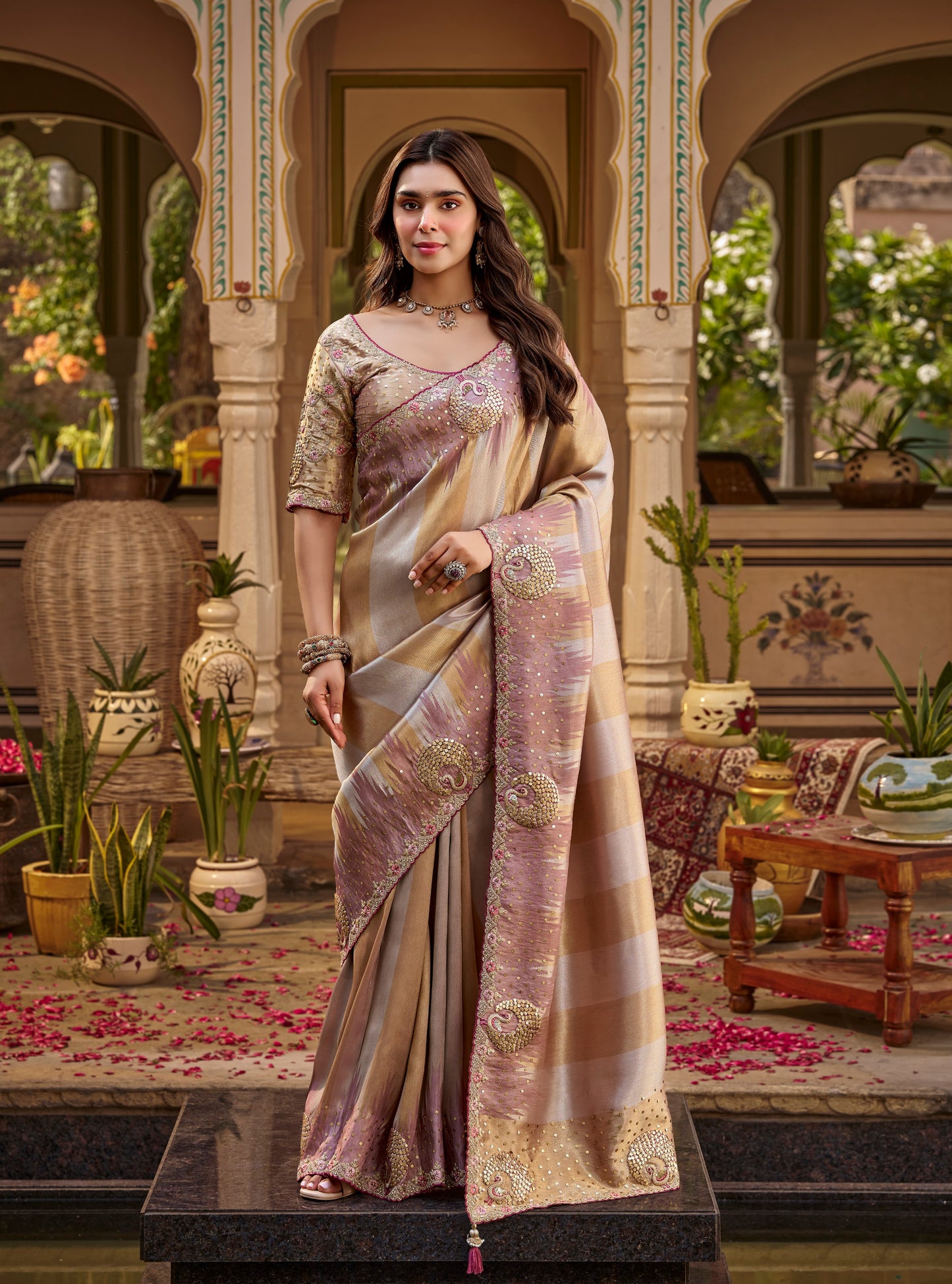 Mauve & Beige Designer Saree With Stitched Blouse by Stylebypanaash