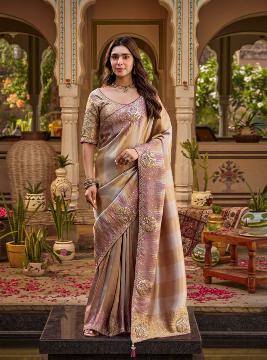 Mauve & Beige Designer Ready To Wear Saree With Pre-Stitched Blouse by Stylebypanaash