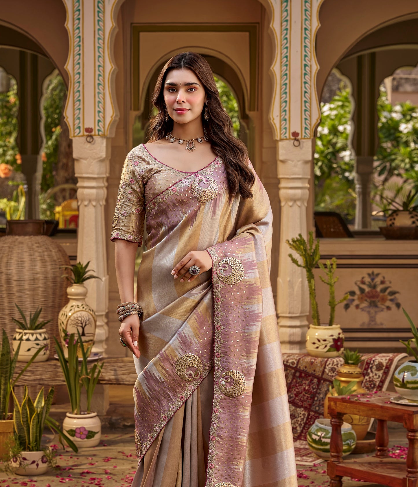 Mauve & Beige Designer Saree With Stitched Blouse by Stylebypanaash