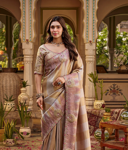 Mauve & Beige Designer Saree With Stitched Blouse by Stylebypanaash