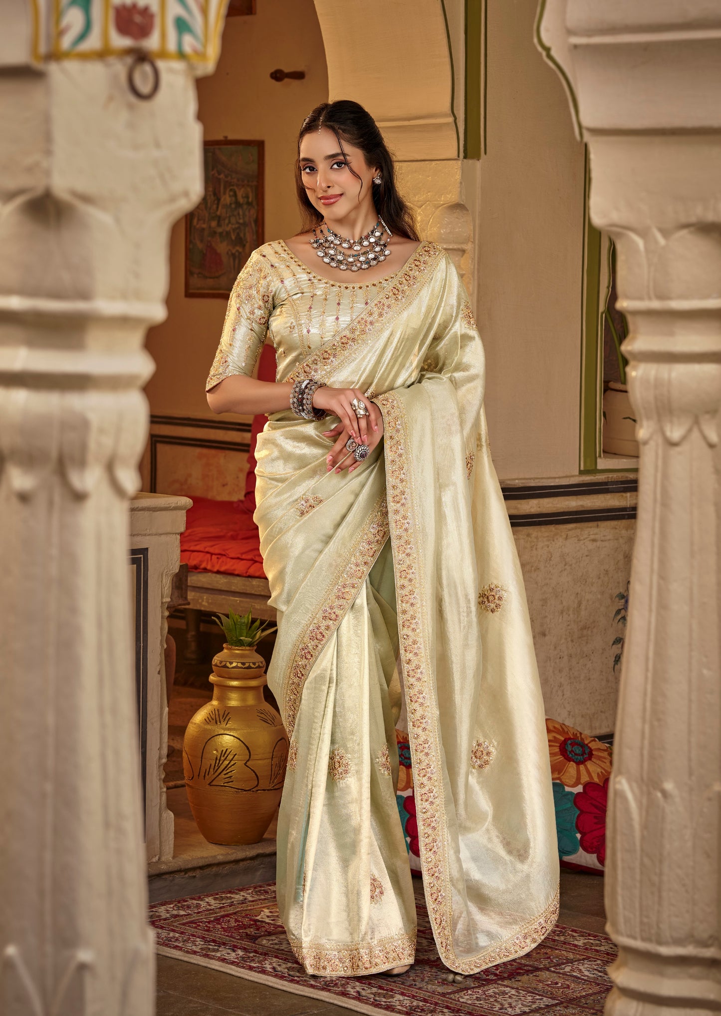 Sage Ivory Designer Saree With Stitched Blouse by Stylebypanaash