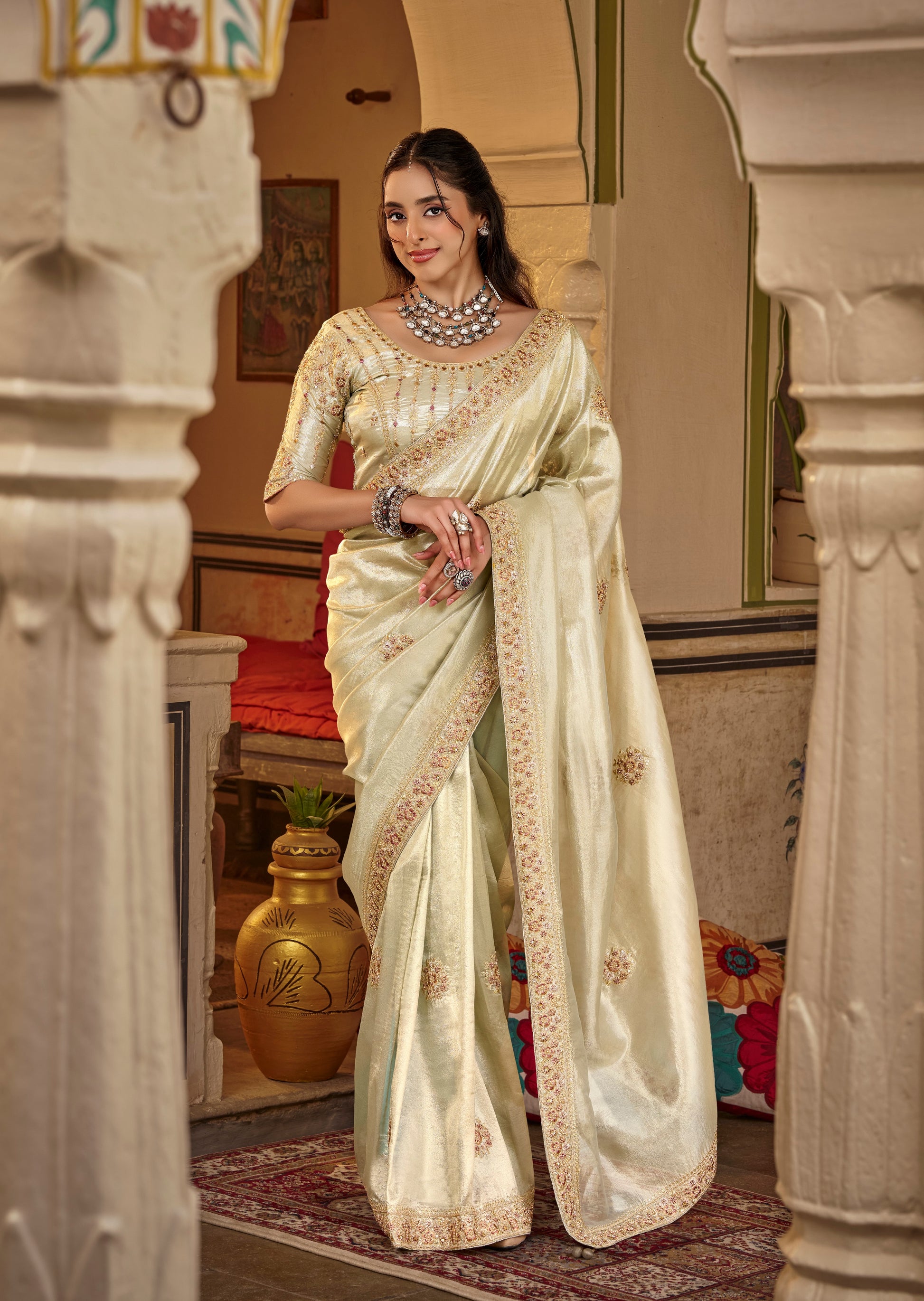 Sage Ivory Designer Saree With Stitched Blouse by Stylebypanaash