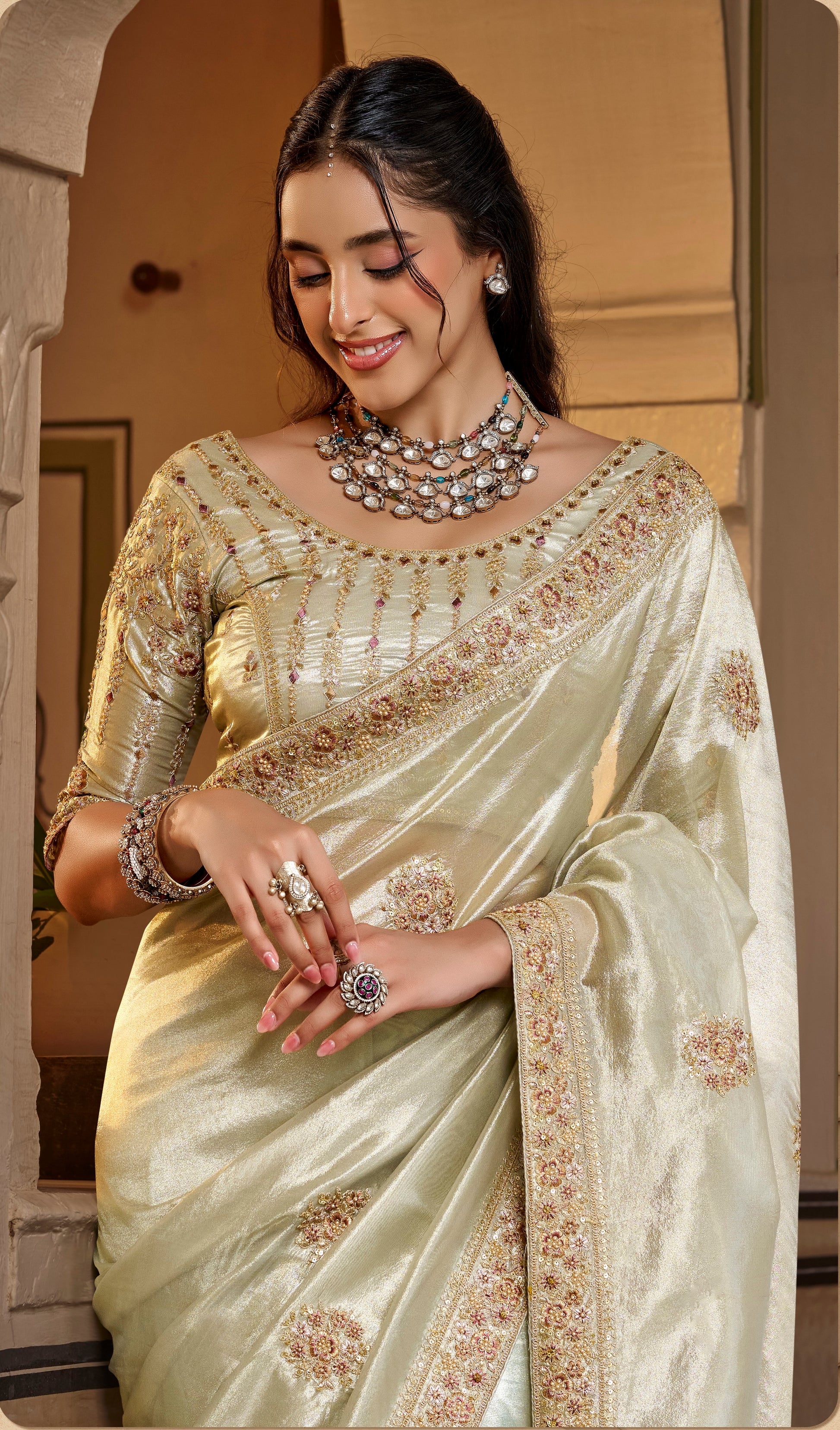Sage Ivory Designer Saree With Stitched Blouse by Stylebypanaash