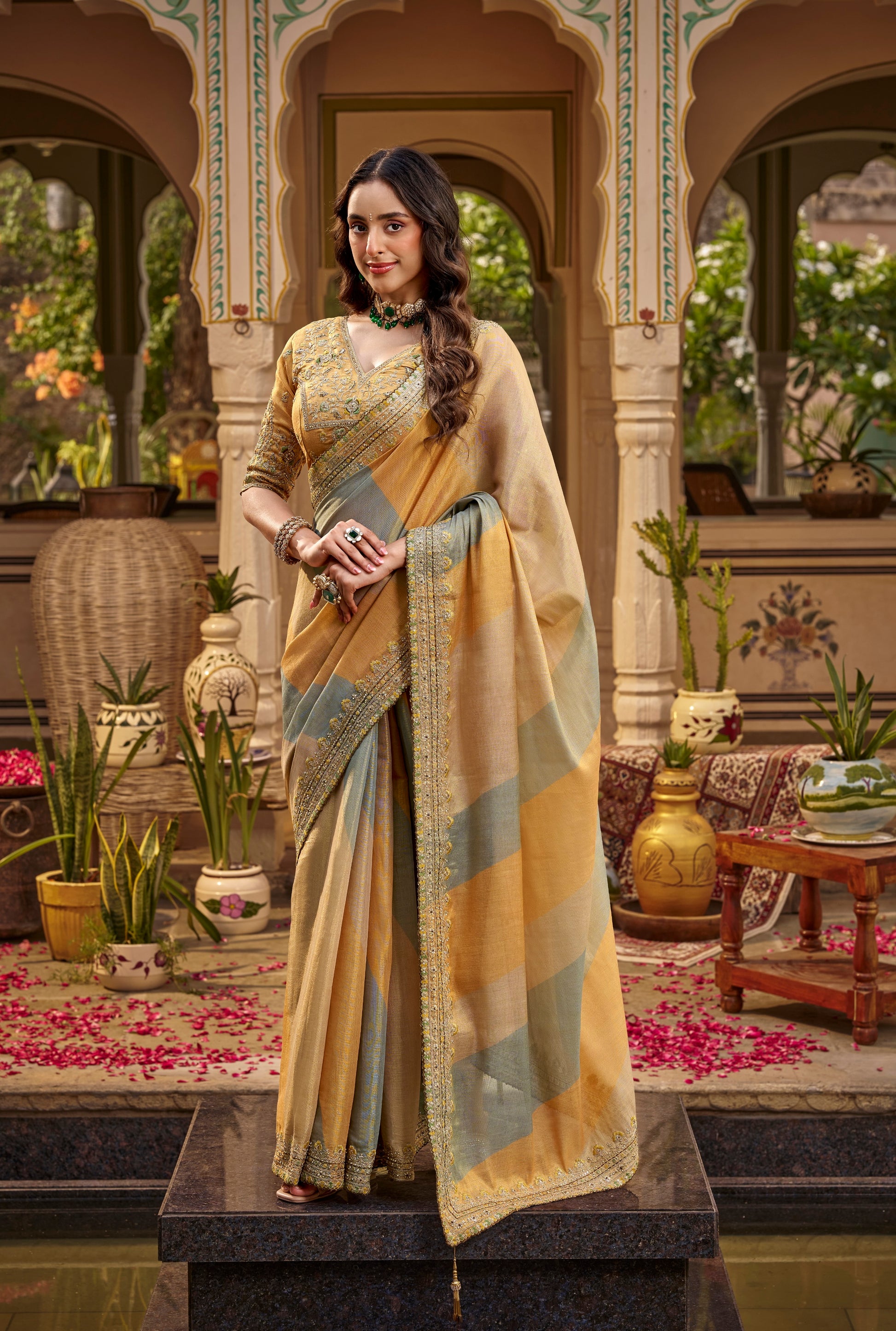 Mustard & Slate Grey Designer Saree With Stitched Blouse by Stylebypanaash