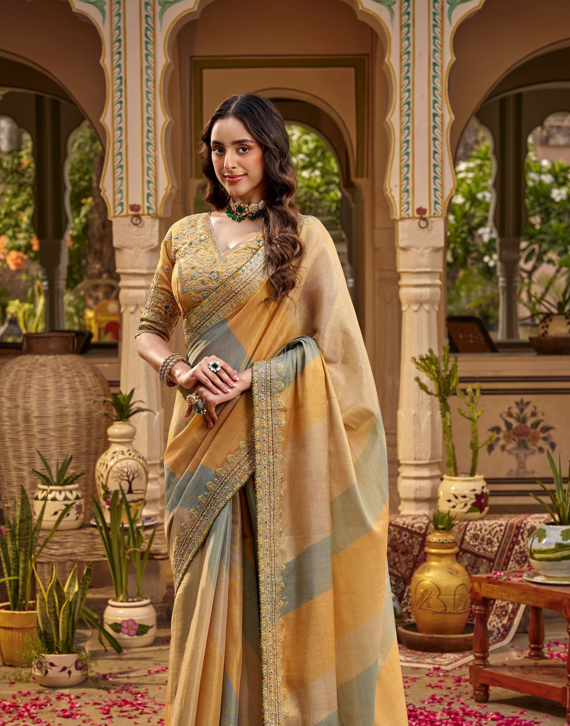 Mustard & Slate Grey Designer Saree With Stitched Blouse by Stylebypanaash
