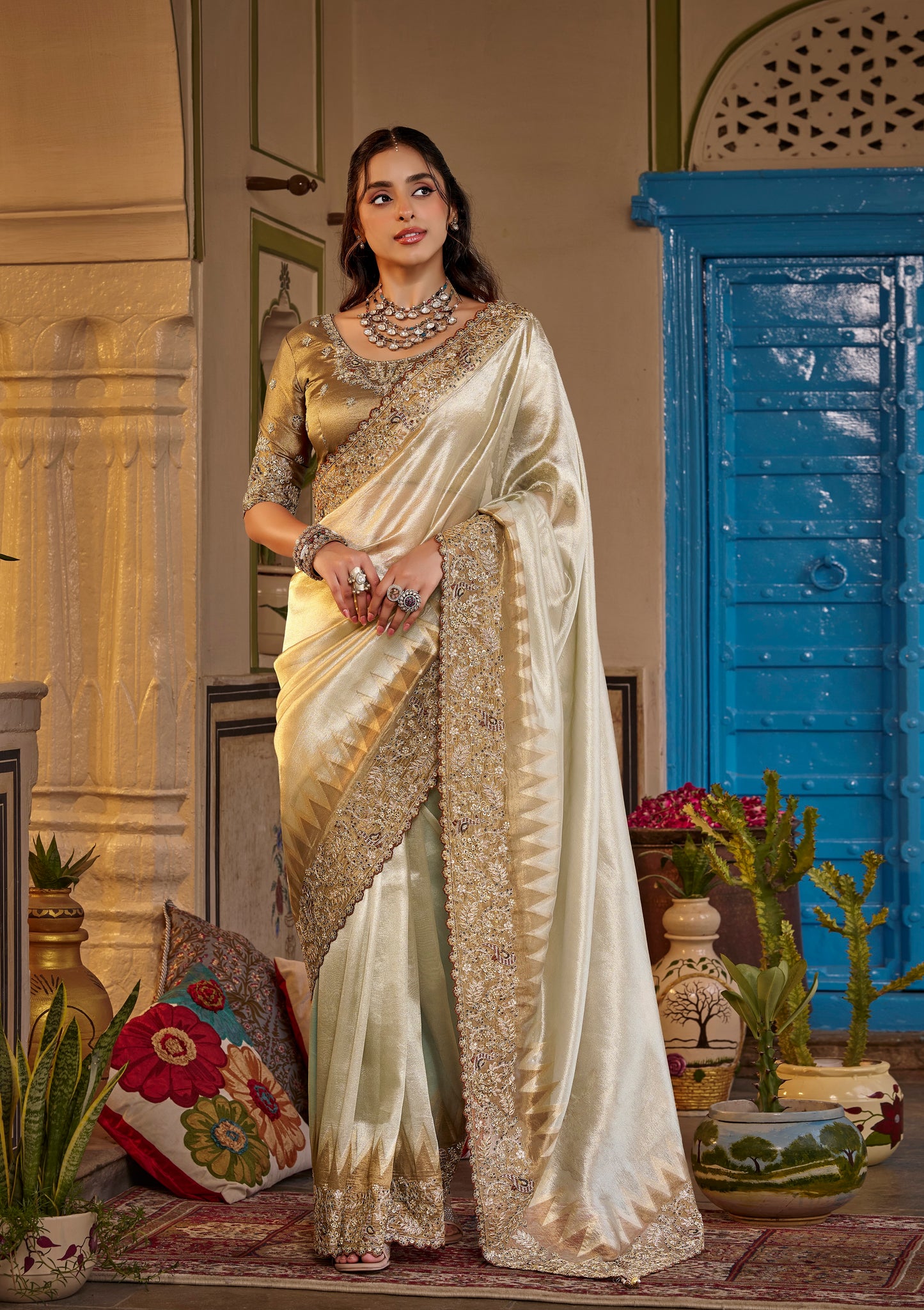 Ivory & Gold Designer Saree With Stitched Blouse by Stylebypanaash