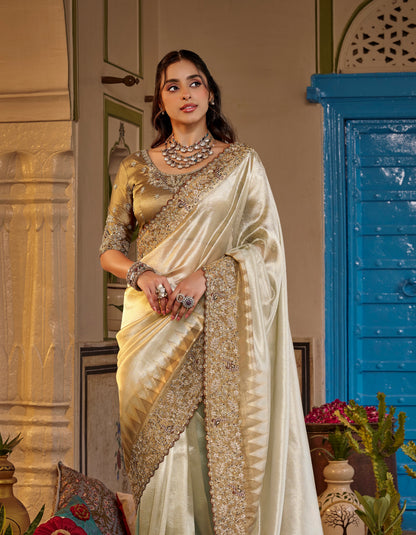 Ivory & Gold Designer Saree With Stitched Blouse by Stylebypanaash