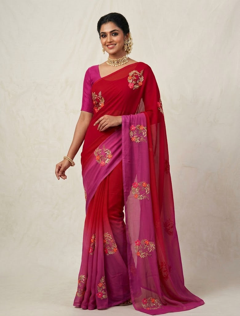 Red & Pink Chiffon Ready To Wear/Easy Saree by StylebyPanaash