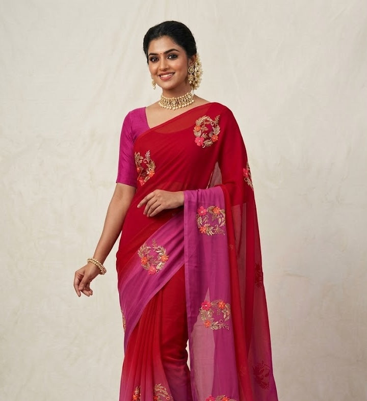 Red & Pink Chiffon Ready To Wear/Easy Saree by StylebyPanaash
