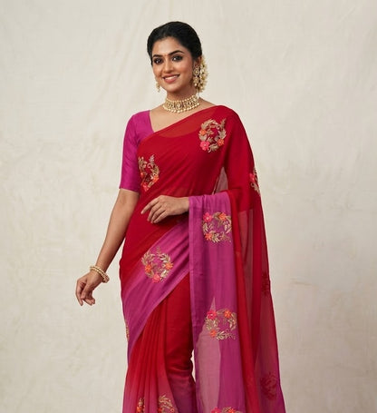 Red & Pink Chiffon Ready To Wear/Easy Saree by StylebyPanaash