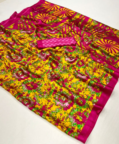 Yellow & Pink Crepe Silk Casual Readymade/Easy Saree
