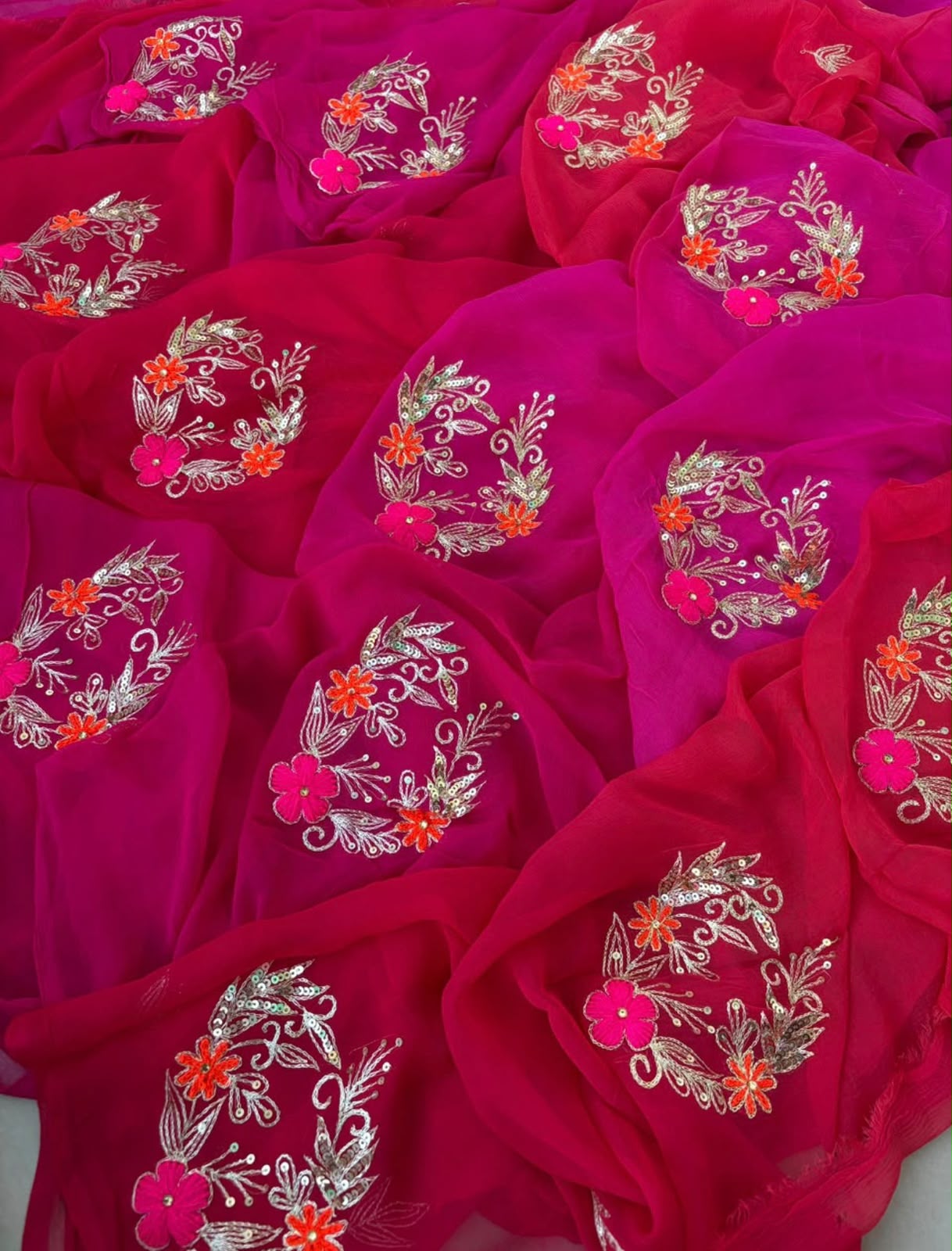 Red & Pink Chiffon Ready To Wear/Easy Saree by StylebyPanaash