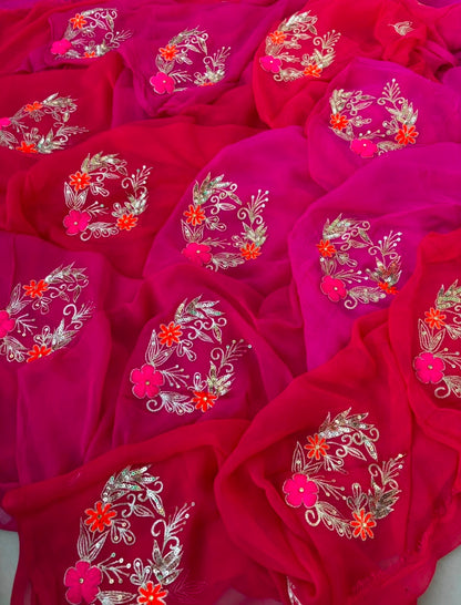 Red & Pink Chiffon Ready To Wear/Easy Saree by StylebyPanaash