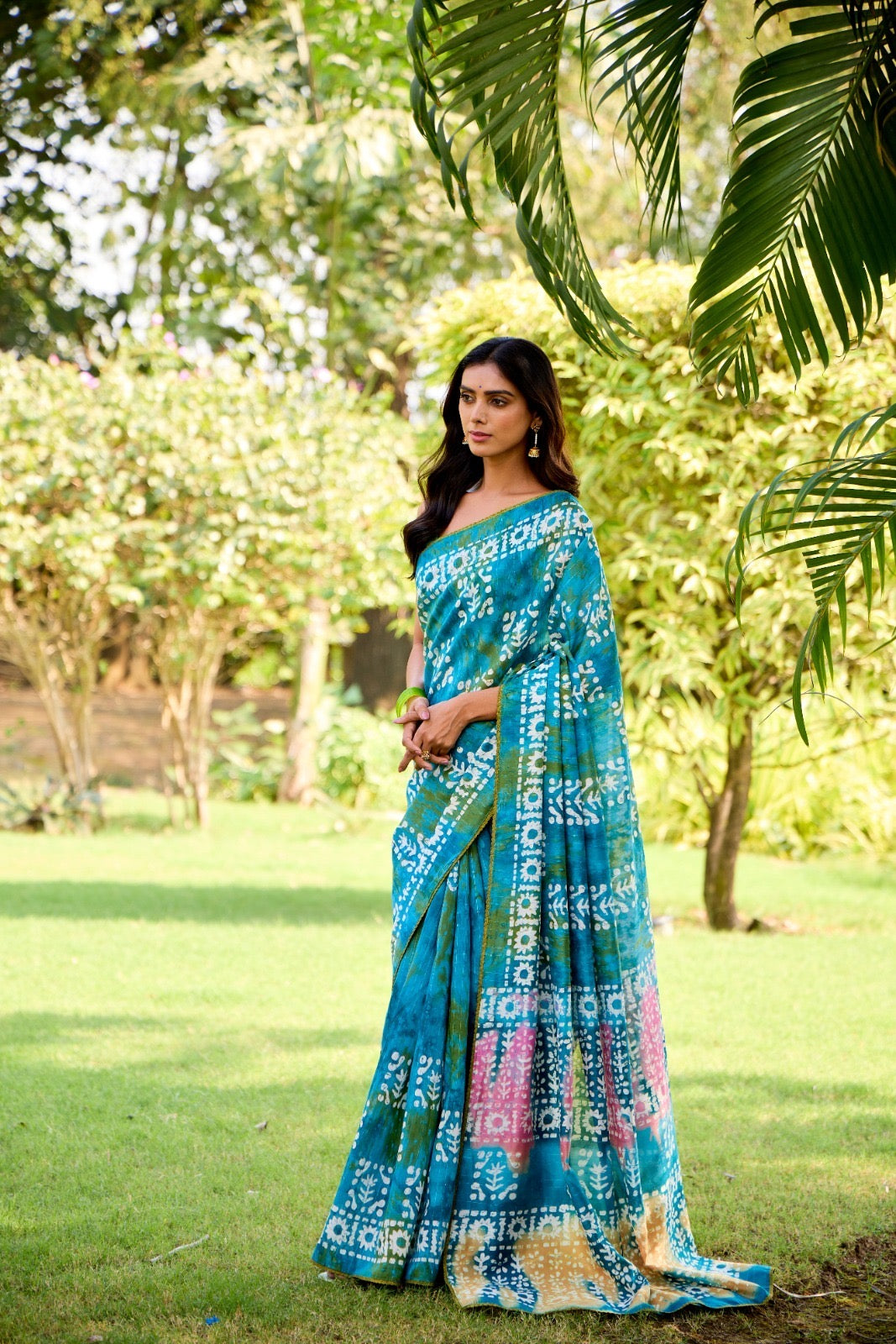 Sky Blue Batik Print Mul Cotton Easy/Readymade Saree