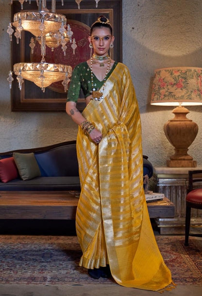 Yellow Banarasi Silk Readymade/Easy Saree