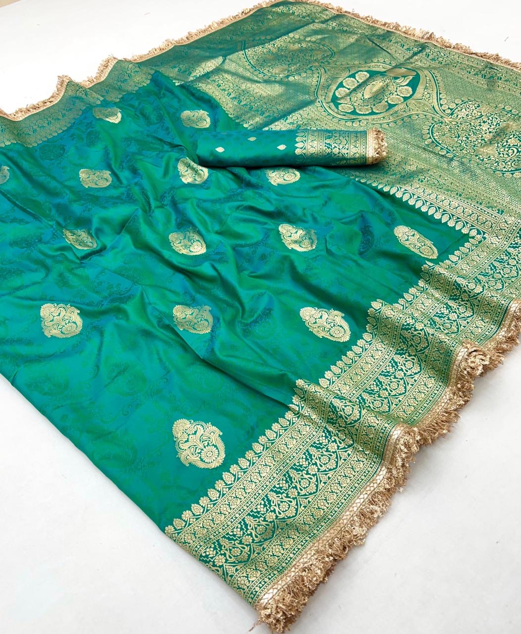 Emerald green Banarasi Silk Readymade/Easy Saree
