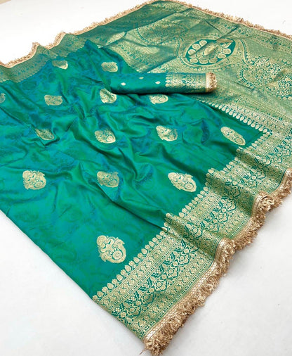 Emerald green Banarasi Silk Readymade/Easy Saree